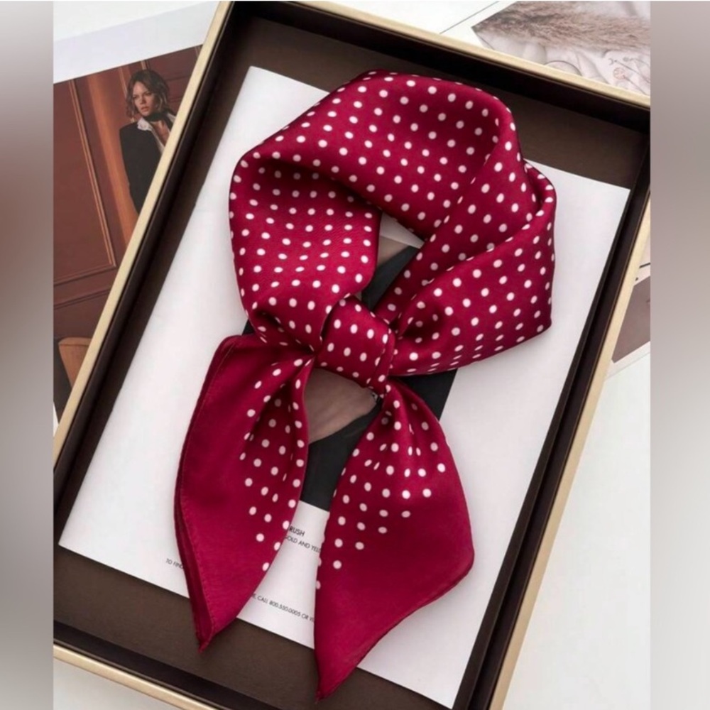 Burgundy Deep Red Satin Silky Polka Dot Square Scarf New Fall Trends